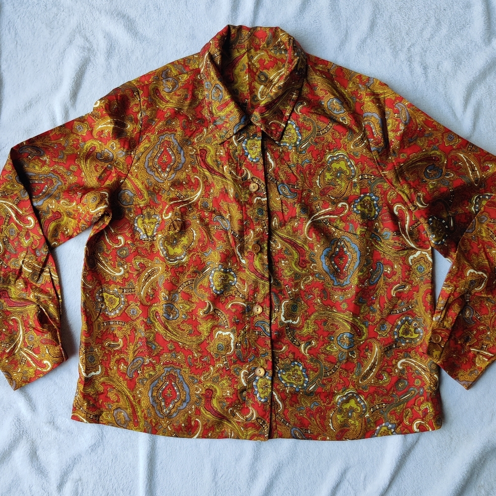 70s Paisley Shirt Women's 38 M Barry Ashley Disco Jewel Tones Psychedelic READ - Picture 1 of 16